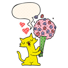 cartoon cat in love and flowers and speech bubble in comic book style