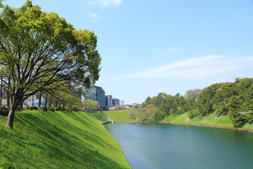 Naklejka premium 青空の広がる桜田濠と半蔵門