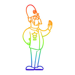rainbow gradient line drawing cartoon policeman making stop gesture