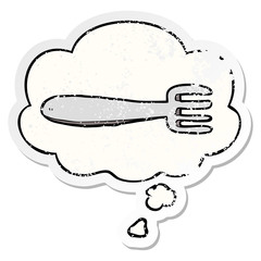 cartoon fork and thought bubble as a distressed worn sticker