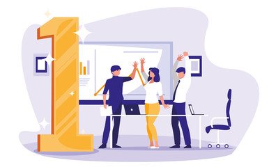 business people celebrating in the workplace with number one