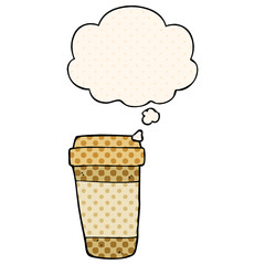 cartoon coffee cup and thought bubble in comic book style
