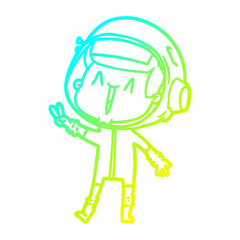 cold gradient line drawing happy cartoon astronaut giving peace sign