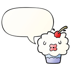 funny cartoon cupcake and speech bubble in smooth gradient style