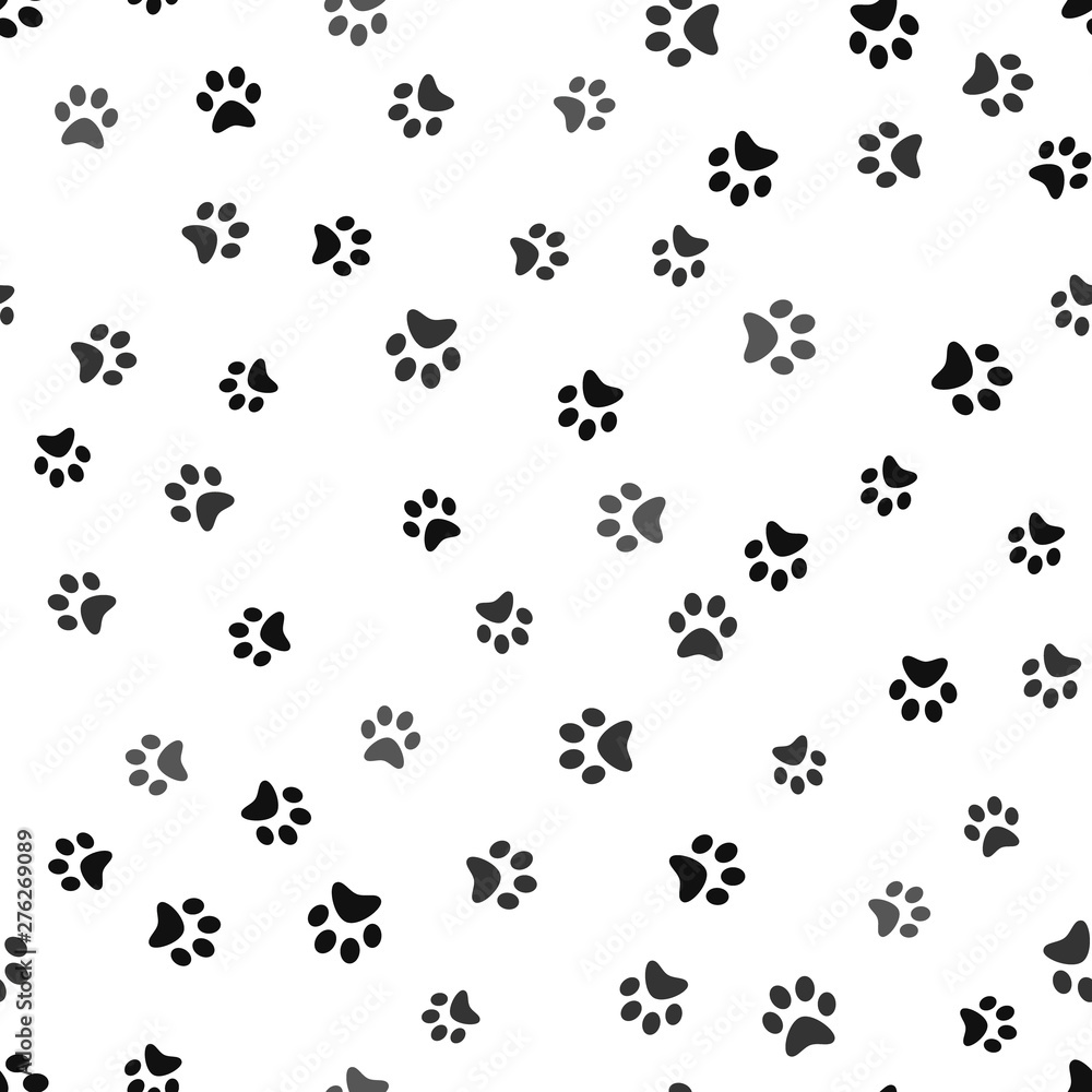 Poster dog paw print seamless. traces of cat textile pattern. cat footprint seamless pattern. vector seamle