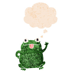 cartoon frog and thought bubble in retro textured style