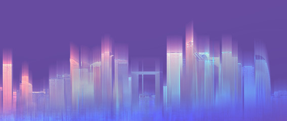 Futuristic colorful city, neon purple background. Abstract city background