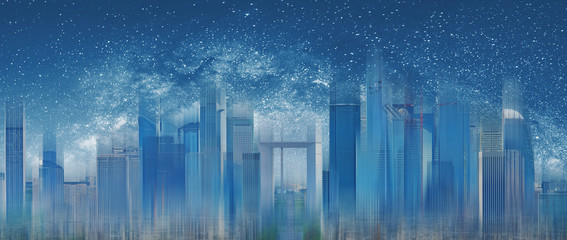 Futuristic city at night with starry sky background. Abstract modern blue building background