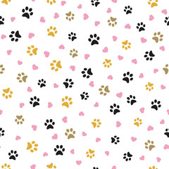 Dog Paw seamless pattern with hearts vector footprint kitten puppy heart tile background repeat wallpaper cartoon isolated illustration white - Vector illustration.