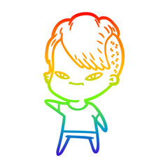 rainbow gradient line drawing cute cartoon girl with hipster haircut