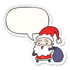 cartoon santa claus carrying sack of presents and speech bubble sticker