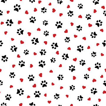 Dog Paw seamless pattern with hearts vector footprint kitten puppy heart tile background repeat wallpaper cartoon isolated illustration white - Vector illustration.