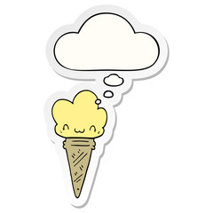 cartoon ice cream with face and thought bubble as a printed sticker