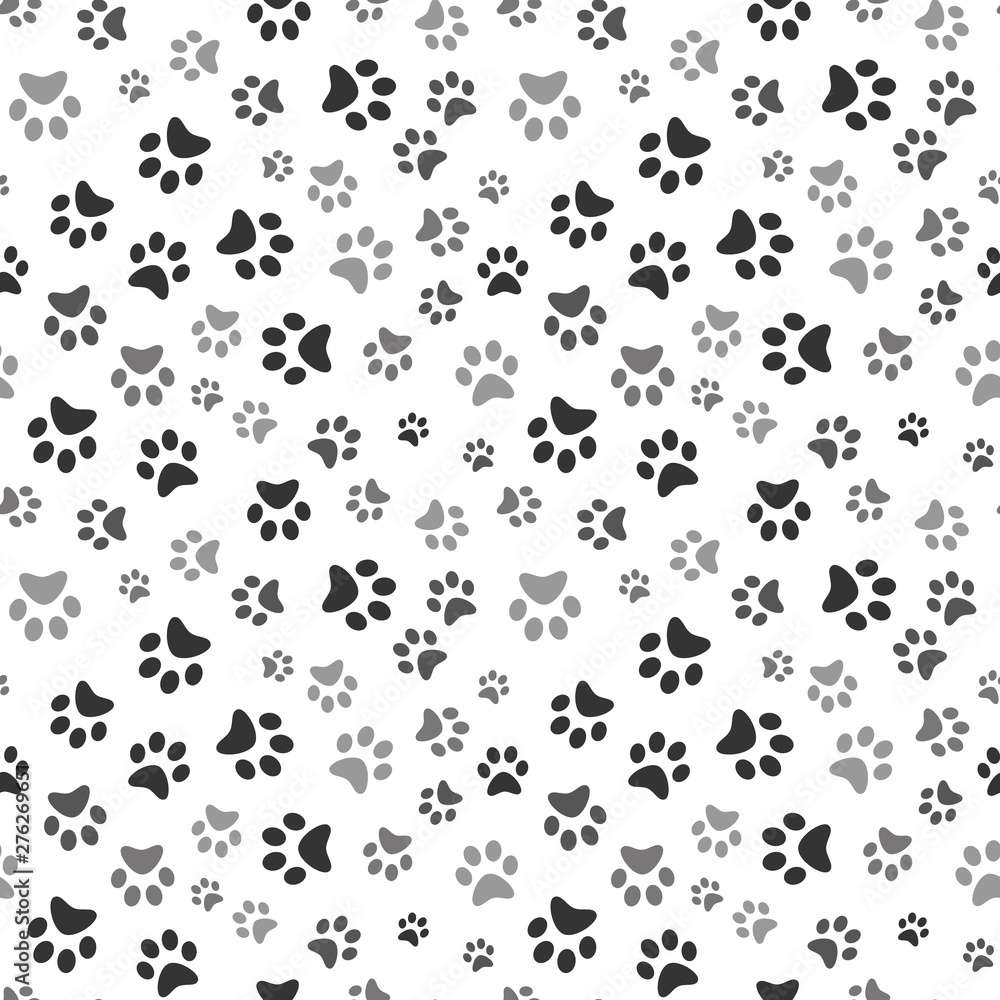 Poster dog paw print seamless. traces of cat textile pattern. cat footprint seamless pattern. vector seamle