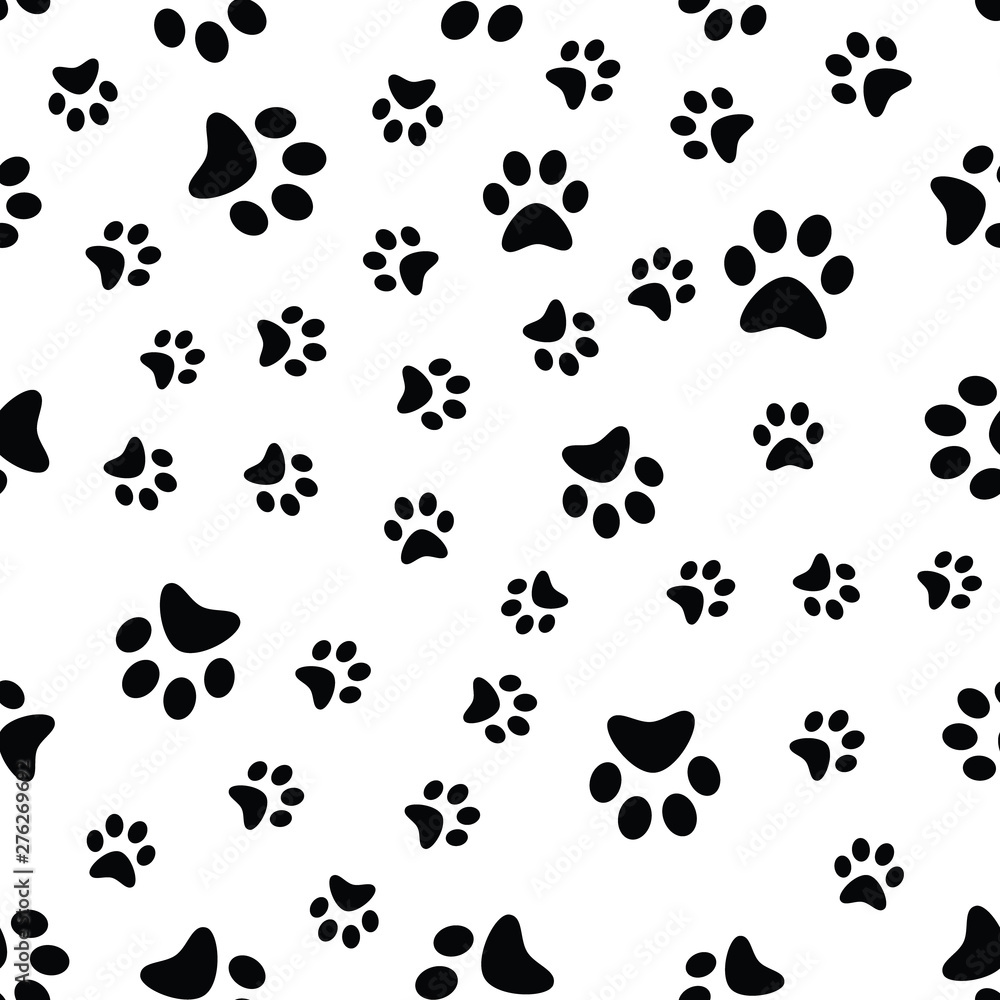Poster dog paw print seamless. traces of cat textile pattern. cat footprint seamless pattern. vector seamle