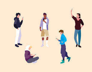 group of young men using smartphones devices