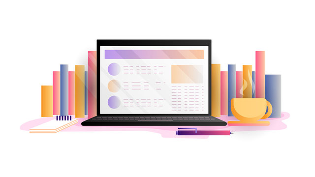 Online education concept, vector illustration. Study, learning online with laptop, tablet, smartphone and headphones from home. Cozy online learing and education with cup of tea and learning books