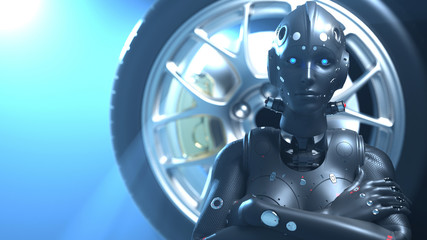 Fototapeta premium woman robot on the background of the automobile wheel. 3D rendering