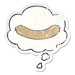 cartoon sausage and thought bubble as a distressed worn sticker
