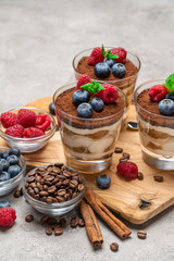 Classic tiramisu dessert with blueberries and raspberries in a glass on concrete background