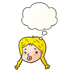 cartoon girls face and thought bubble in smooth gradient style