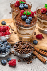 Classic tiramisu dessert with blueberries and raspberries in a glass on concrete background