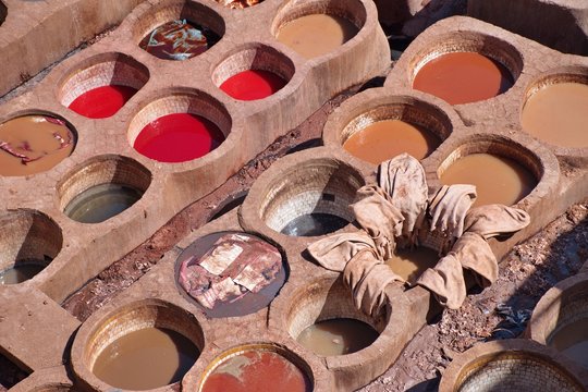 High angle view of leather and tanning quart in Fes, Morocco