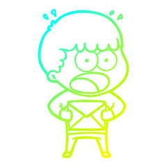 cold gradient line drawing cartoon shocked man holding envelope