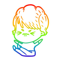 rainbow gradient line drawing cartoon frustrated woman