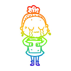 rainbow gradient line drawing cartoon crying old lady