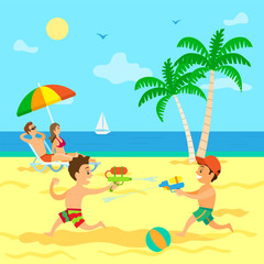 Kids playing with guns loaded with water vector, children on summer vacations with parents. Couple laying on chaise longue relaxing on sun, sunbathing on beach, summertime relax with childrens