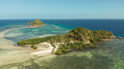 aerial view tropical island in blue lagoon, coral reef and sandy beach. Palawan, Philippines. tropical landscape with island and beache travel concept