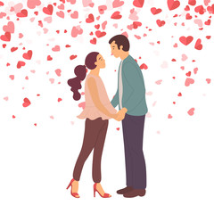 Couple in love going to kiss, lady on high heels and guy isolated on backdrop with hearts. Cartoon characters male and female standing and gently hugging