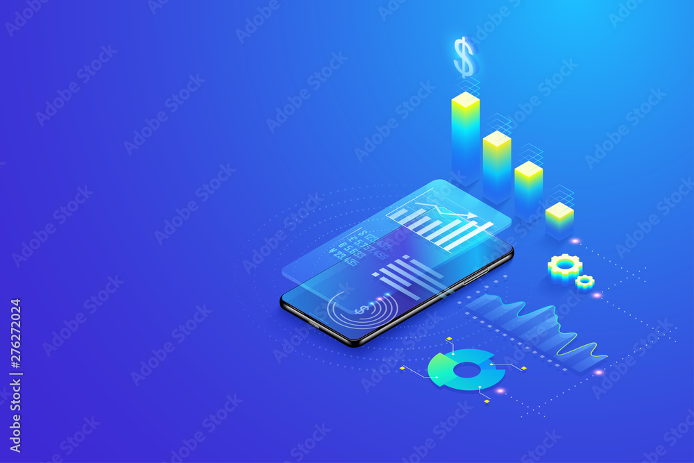 Poster 3d isometric mobile data analysis statistics, data visualization, research, planning, statistics and