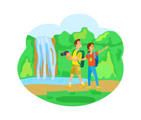 Plakat Traveling people on nature vector, man and woman surrounded with greenery. Couple of backpackers with photo camera, bushes with trees and waterfall