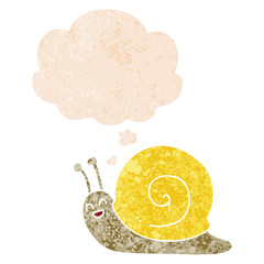 cartoon snail and thought bubble in retro textured style