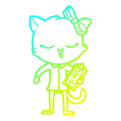 cold gradient line drawing cartoon cat with bow on head