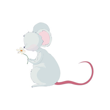Cute cartoon rat holding a flower in its paws. Vector illustration on white background.