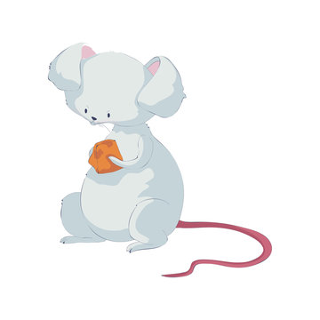 Cute rat holding cheese. Vector illustration on white background.