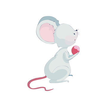 Cute cartoon rat holding a berry. Vector illustration on white background.
