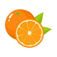 Set of fresh whole and half orange fruit with leaves isolated on white background. Tangerine. Organic fruit. Cartoon style. Vector illustration for any design. - 276272863