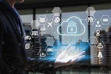 Businessman hand holding with virtual padlock icon over the Network connection, Cyber Security Data Protection Business Technology Privacy concept