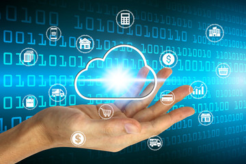 Hand holding with virtual cloud computing icon over the Network connection, Cyber Security Data Protection Business Technology Privacy concept