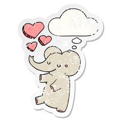 cartoon elephant with love hearts and thought bubble as a distressed worn sticker