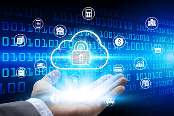 Hand holding with virtual padlock icon over the Network connection, Cyber Security Data Protection Business Technology Privacy concept