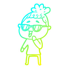 cold gradient line drawing cartoon happy woman wearing spectacles