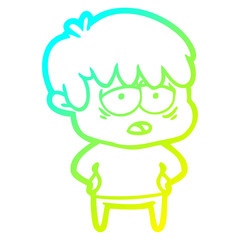 cold gradient line drawing cartoon exhausted boy