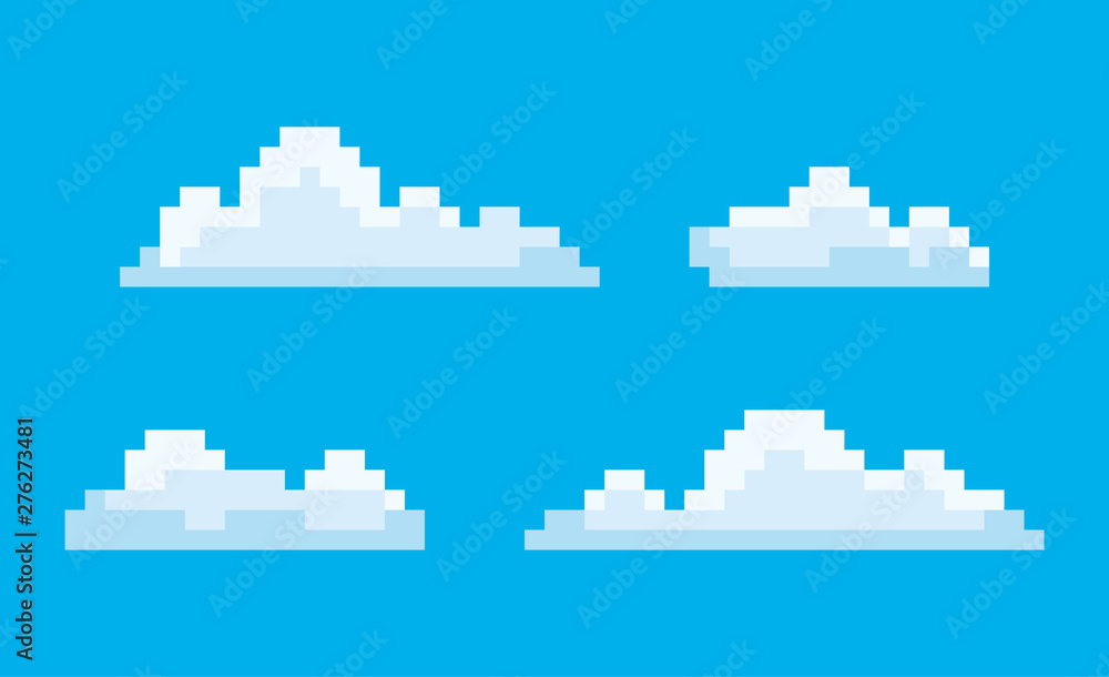 Poster pixel art game icons vector, isolated bit cloud. pixelated cloudscape blue sky with smoke, elements 
