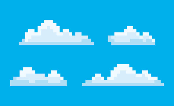 Pixel art game icons vector, isolated bit cloud. Pixelated cloudscape blue sky with smoke, elements 8 and 16 bit graphics, clouds drawing in retro style