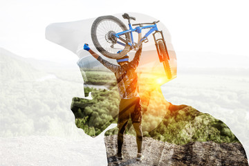 Double exposure of a man in protective helmet and professional cyclist riding on the mountains....